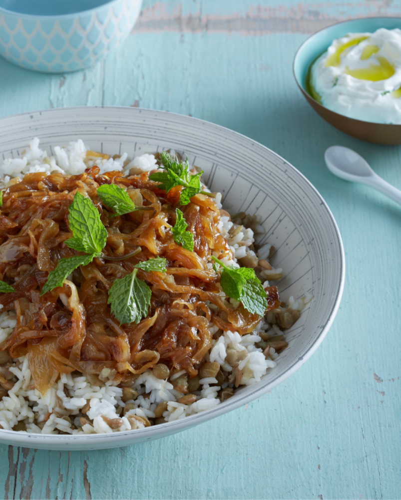 Rice and Lentil Pilaf with Caramelized Onion: An easy Mujadara recipe for a hearty all pantry meal | Stacie Billis