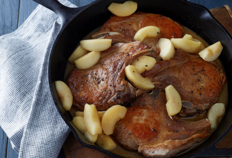 Pan-Seared Pork Chops with Maple Buttered Apples recipe | Stacie Billis