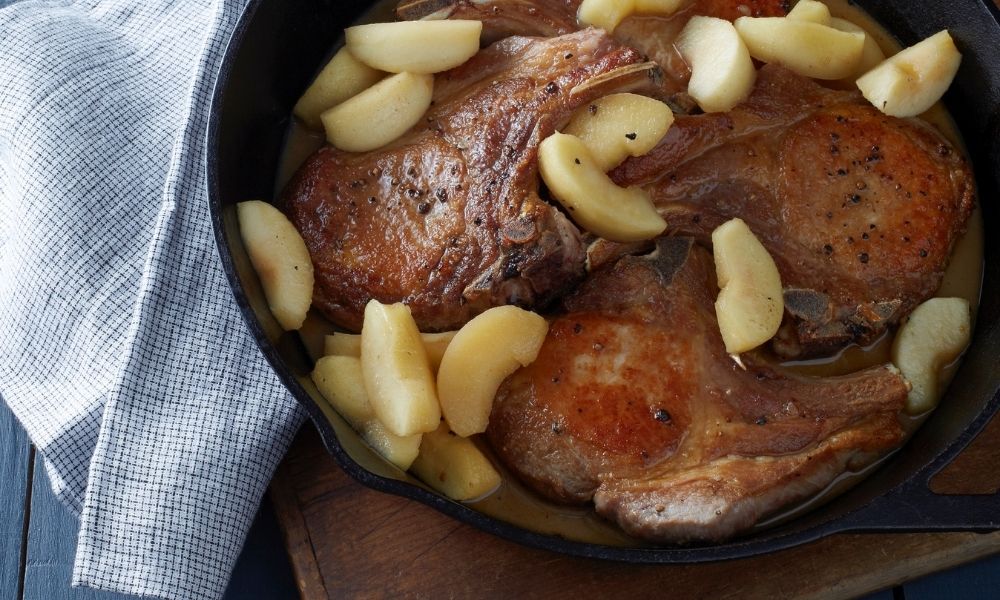 Pan-Seared Pork Chops recipe with Maple Buttered Apples | Stacie Billis